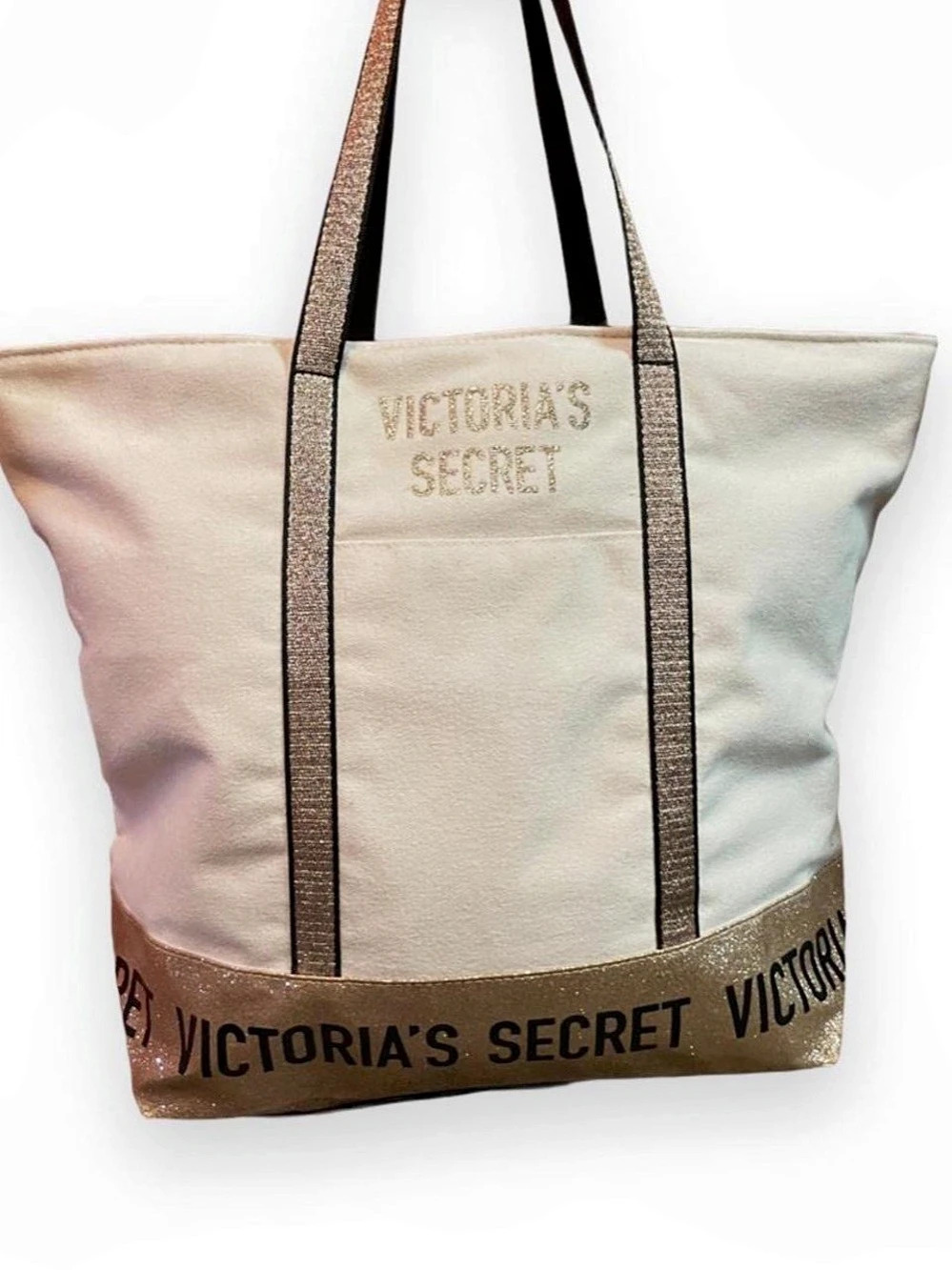 Victoria's Secret Canvas Gold Glitter Tote Bag White & Gold